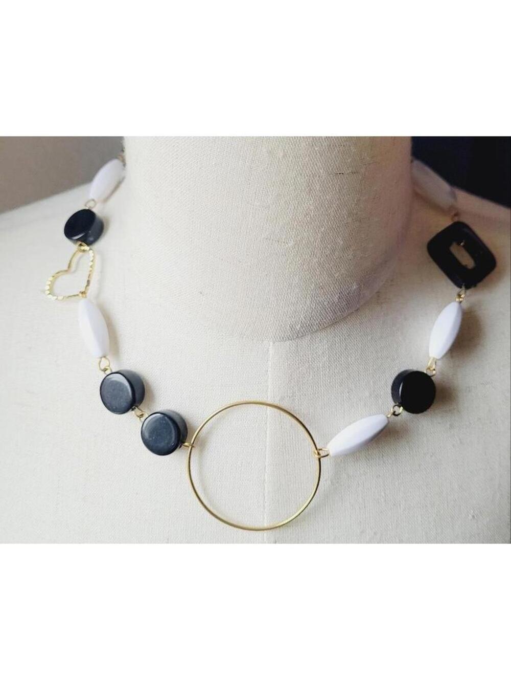 Black White and Gold Tone Bead Heart Necklace